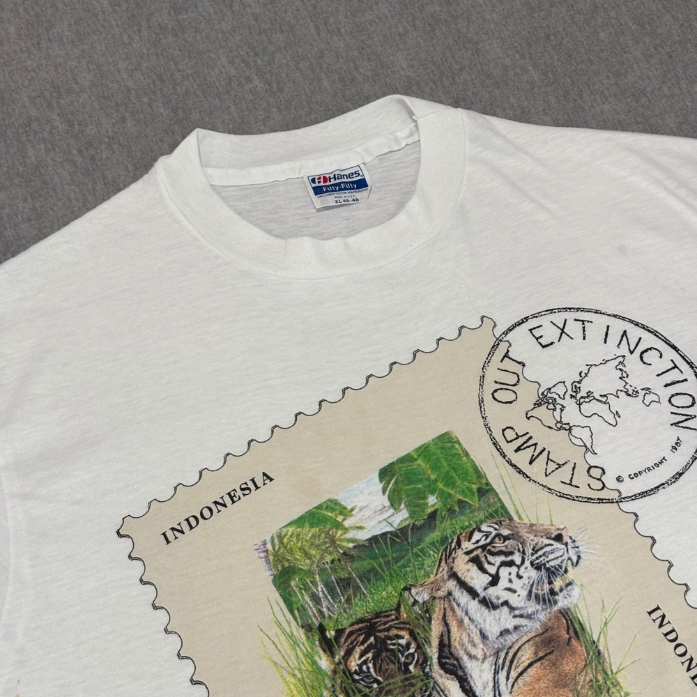 Vintage 1987 Hanes San Diego Stamp Out Extinction Tiger T-Shirt White XL Single